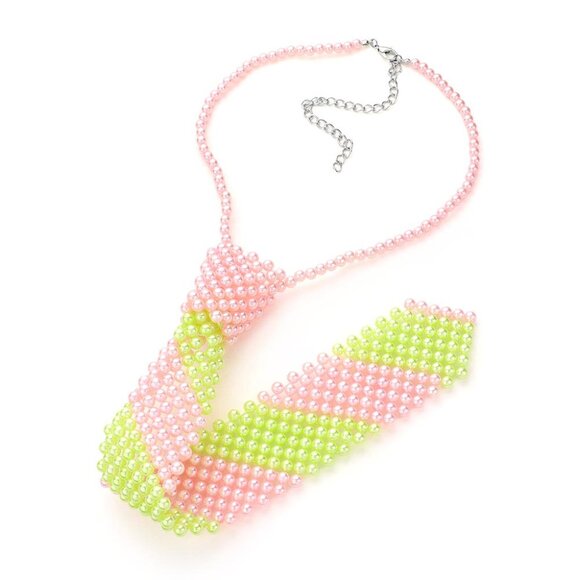 Pink/Green Pearl Neck Tie Necklace
